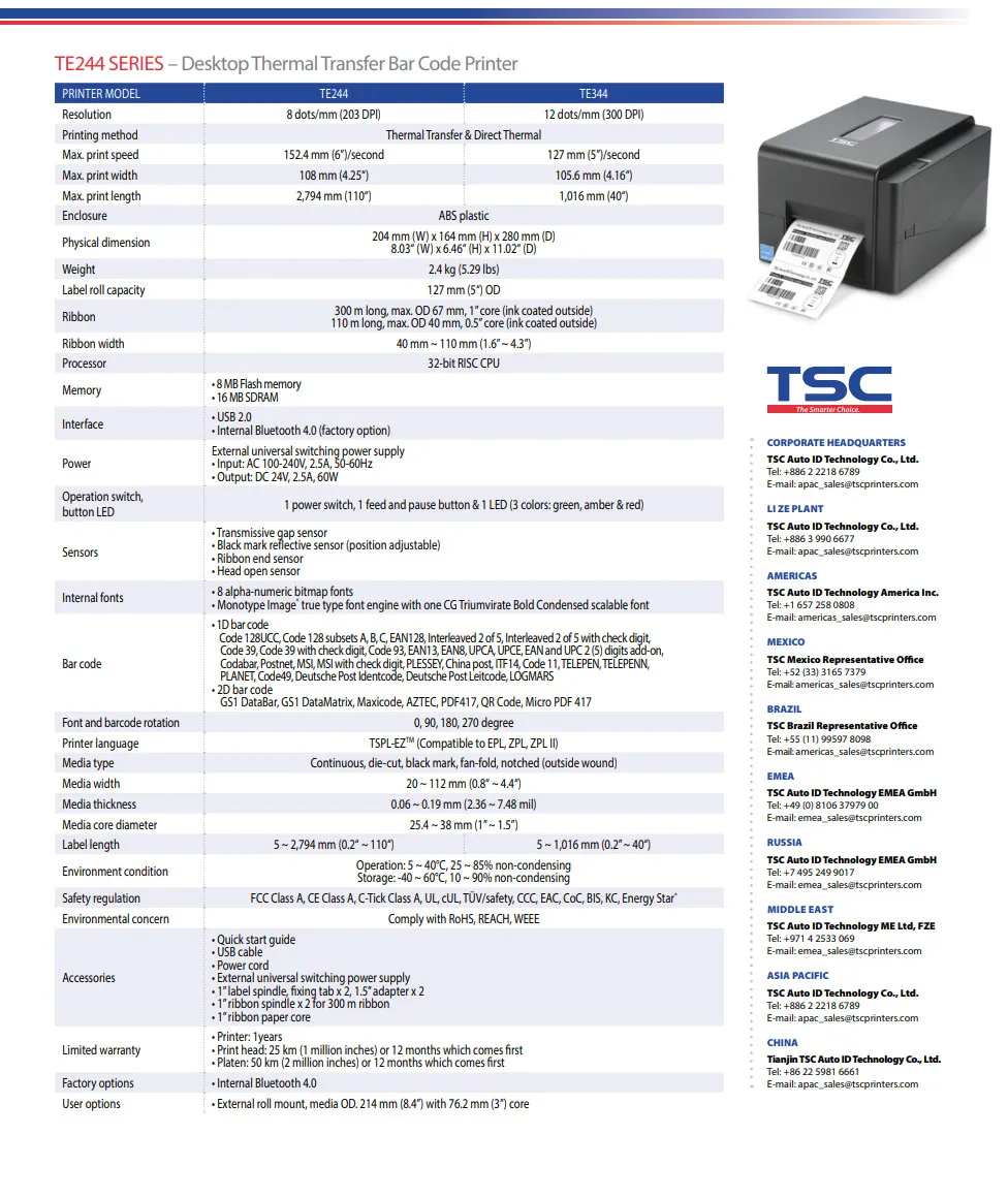 Абсолютно TSC TE344 1D, 2D Настольный термотрансферный и прямой термопринтер и считыватель штрих-кодов 300 точек/дюйм