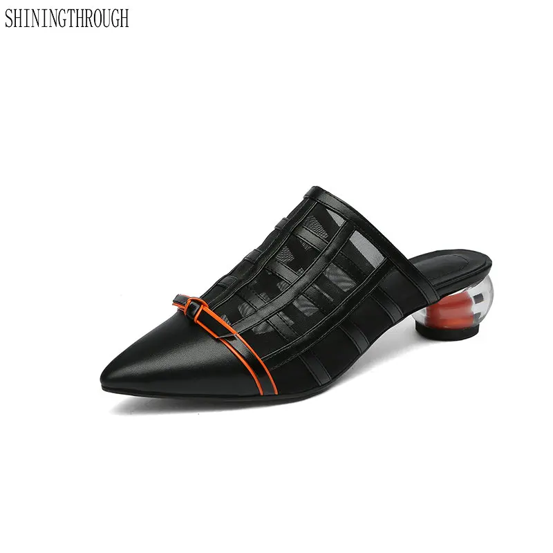 

Rouned High Heel Slippers For Women genuine leather poined Toes Summer Slip on Slippers Muller Shoes size 41 42 43