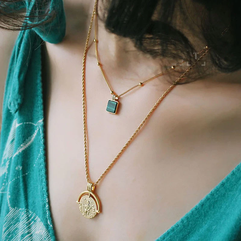 

WLP Malachite pendant necklace bohemian female double-layer necklace retro gold carved coin necklace jewelry new 2019