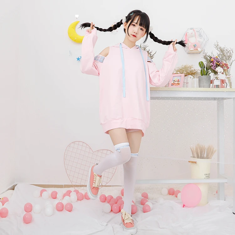 Япония Косплей каваи толстовки Harajuku Лолита милые с открытыми плечами клетчатые женские розовые Кофты модные на шнуровке Сексуальные Девушки пуловер