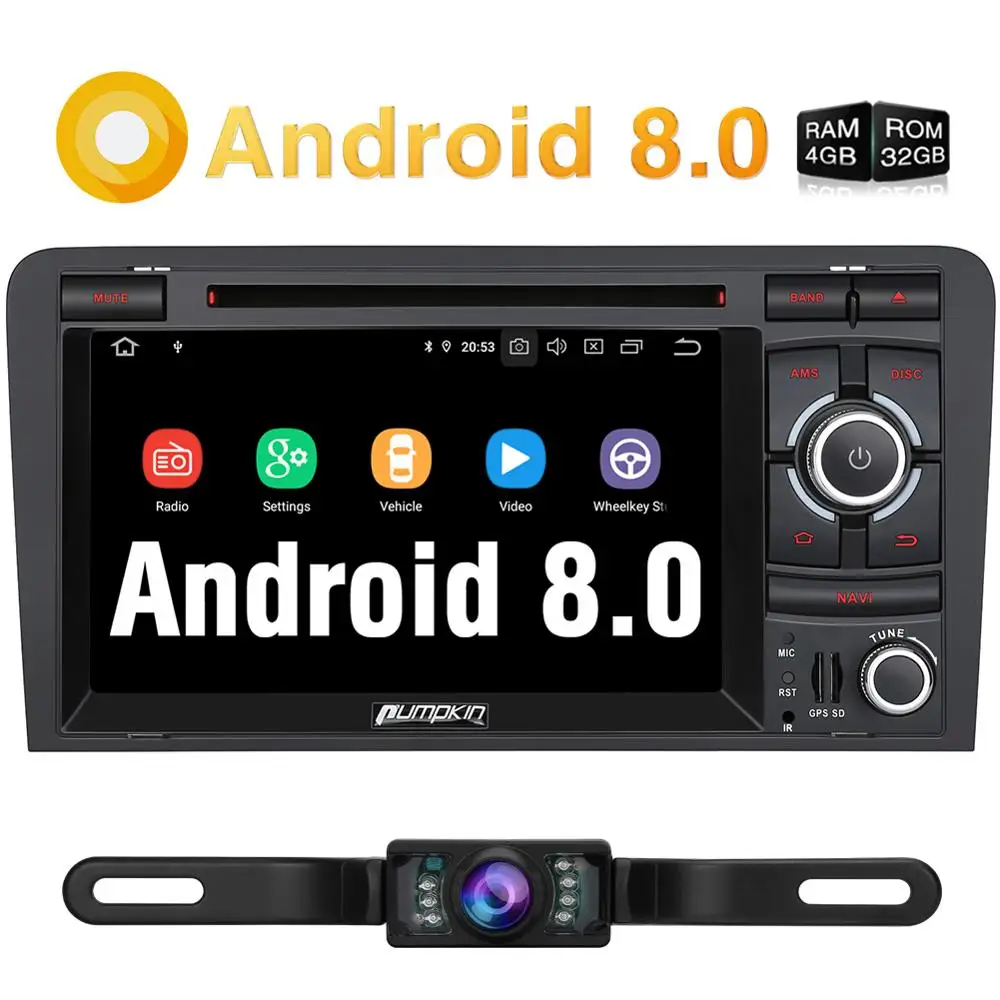 

Pumpkin 2 Din 7''Android 8.0 Car Multimedia DVD Player Autoradio GPS Navigation Qcta-core 4G RAM Car Radio For Audi A3 2003-2011
