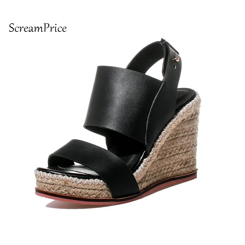

Straw Platform Wedge Heels Women Genuine Leather Sandals Open Toe Comfortable Summer Woman Shoes