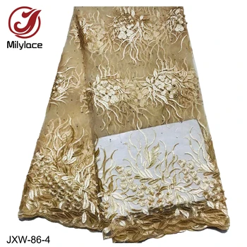 

Milylace latest African lace fabric 5 yard gold embroidery tulle lace net lace fabric with shiny stones for party dresses JXW-86