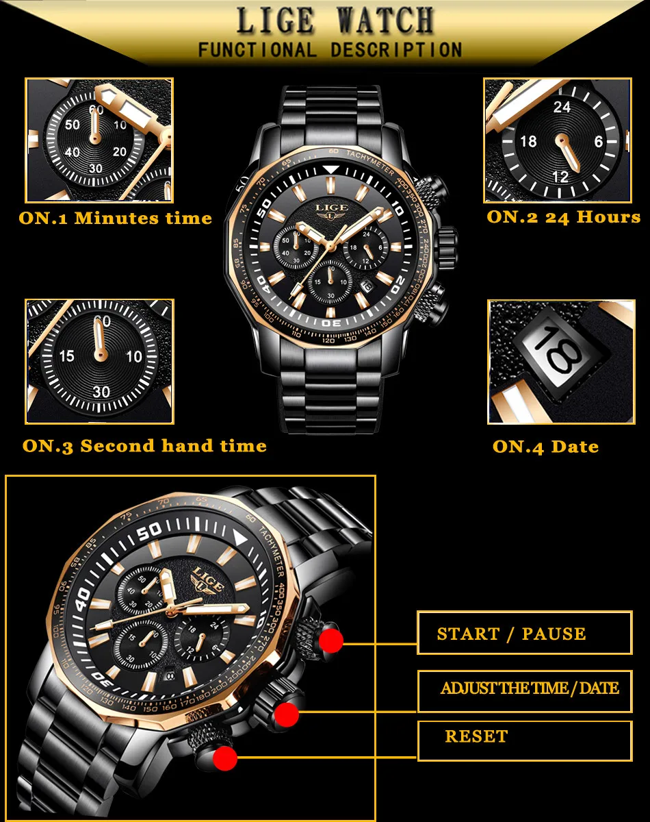 Relojes Hombre 2018New часы lige для мужчин Элитный бренд часы Кварцевый спортивный военный для мужчин полный сталь наручные Dive 30 м повседневное часы