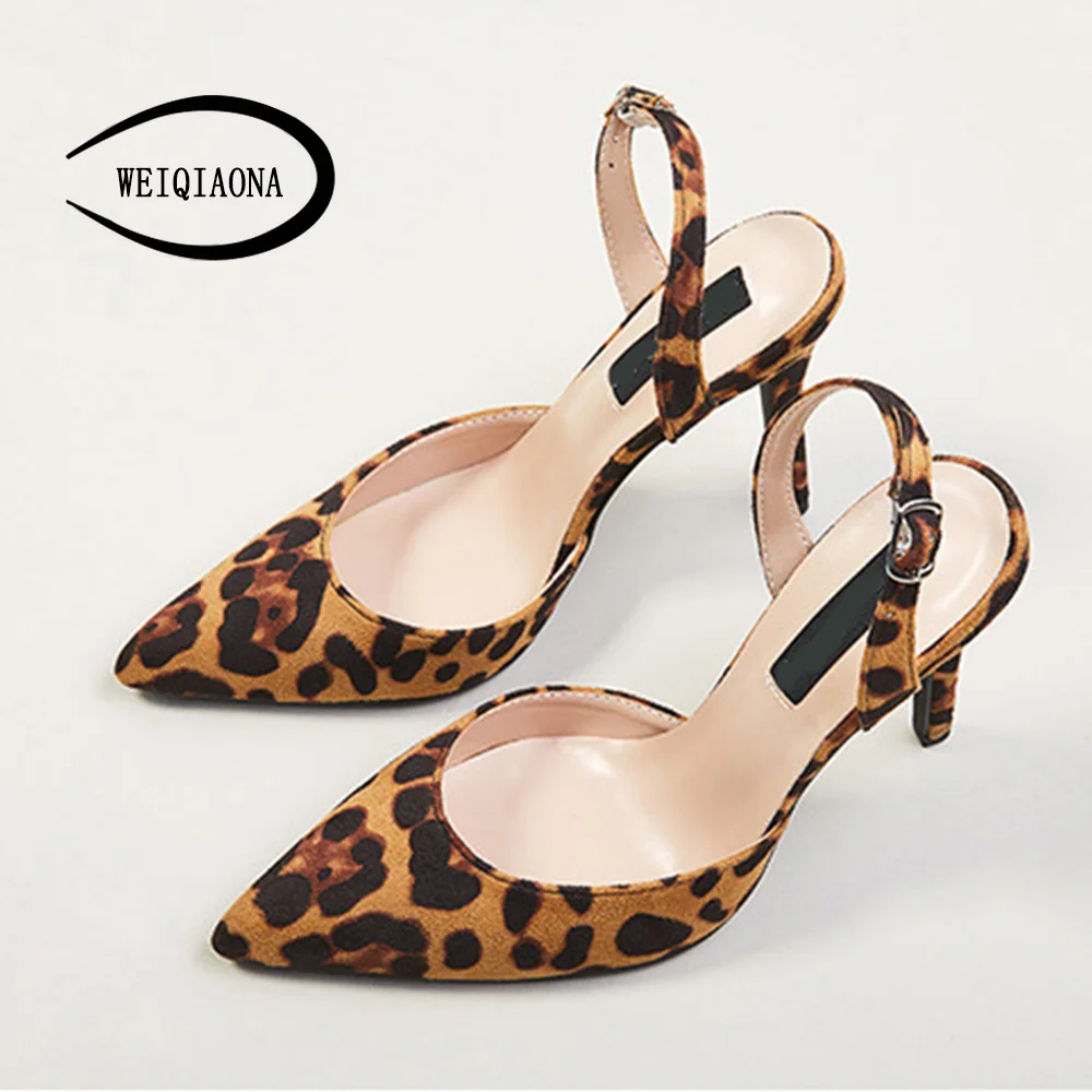 

WEIQIAONA 2019 Leopard Women Shoes Pumps High Heels Shoes Elegant Mid Heeled Sexy Pointed Toe Slingbacks Wedding Party Shoes