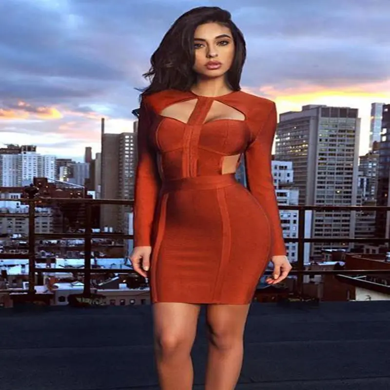 

babatique Cut Out Sexy Bandage Dress 2017 Hot New Arrival Brown Womens Long Sleeve Bodycon Dress Wholesale HL orange vestidos