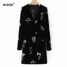BLSQR винтажное бархатное женское платье с цветочной вышивкой модное черное повседневное шикарное мини-платье с длинным рукавом vestidos mujer