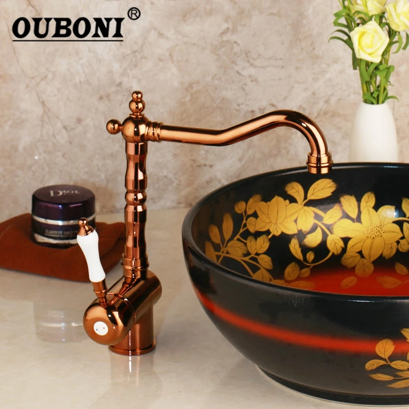 OUBONI Rose Gold Polish Ceramic Single Handle Swivel 360 Pink Golden Plate Deck Mount Sink Stream Spout Kitchen Tap Mixer Faucet
