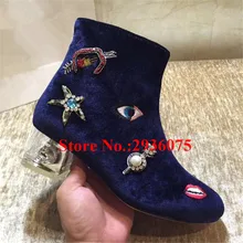 Botas Blue Velvet Mixed Color Crystal Embroidery Women Ankle Boots Pearl Star Clear Perspex Block Heels Botas Mujer Shoes Woman