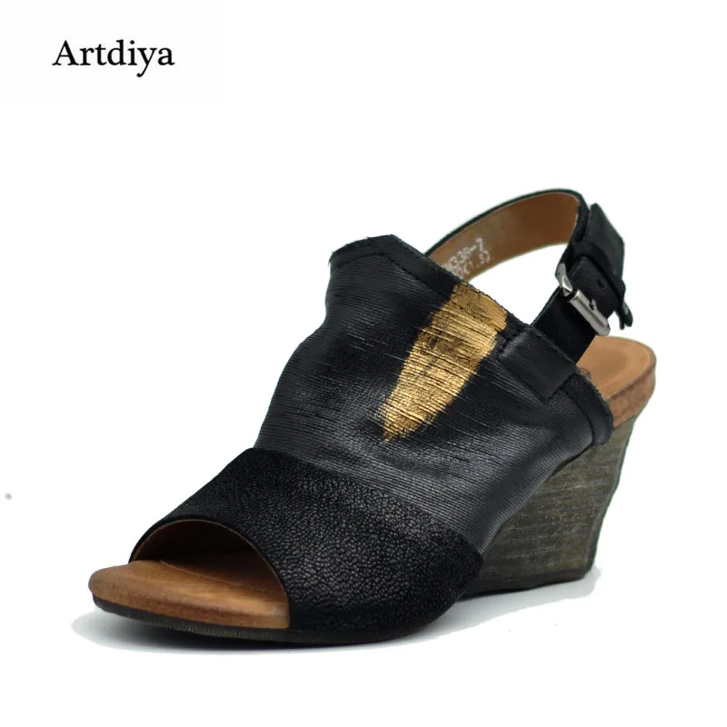 

Artdiya Original Retro Slope Genuine Leather Sandals Female 2018 Summer New High Heels Handmade Sandals 338-7