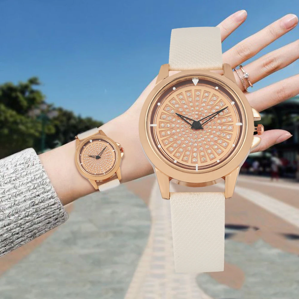 

Luxurious Gold Rotatable Ornament Rhinestone Dial Watch for Girls Elegant Gold Case Watch White Leather Strap Quartz Wristwatch