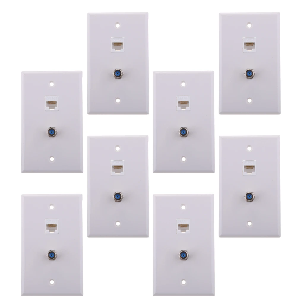 8x Coaxial F Connector Ethernet Network RJ45 Jack Wall Plate Socket Outlet