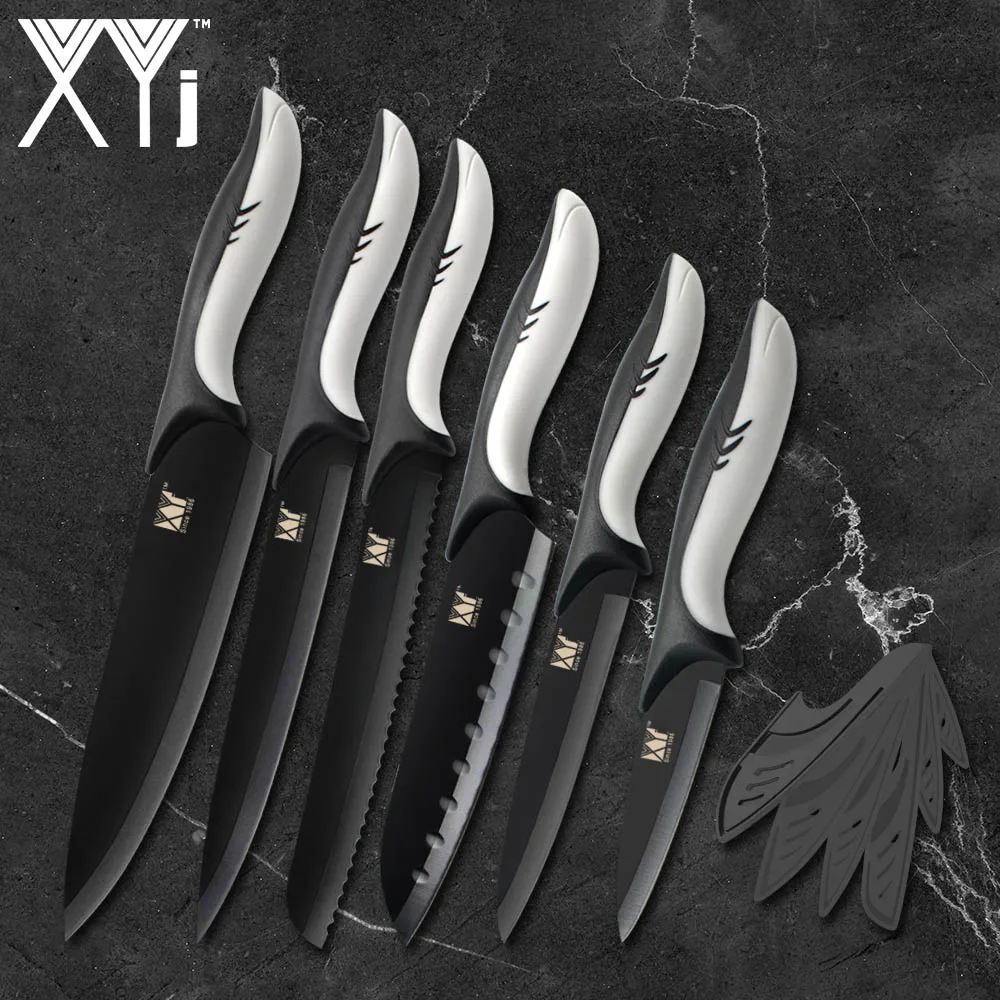 XYj 6 шт. наборы кухонных ножей шеф повара ножей с антипригарным покрытием Сталь лезвием нож резак овощей хлеб нож, ножевые изделия инструмент - Цвет: B. 6 PCS Sets