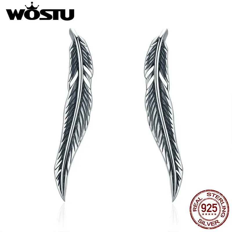 

WOSTU Romantic 925 Sterling Silver Vintage Feathers Retro Wings Stud Earrings for Women Luxury Silver 925 Jewelry FIE258