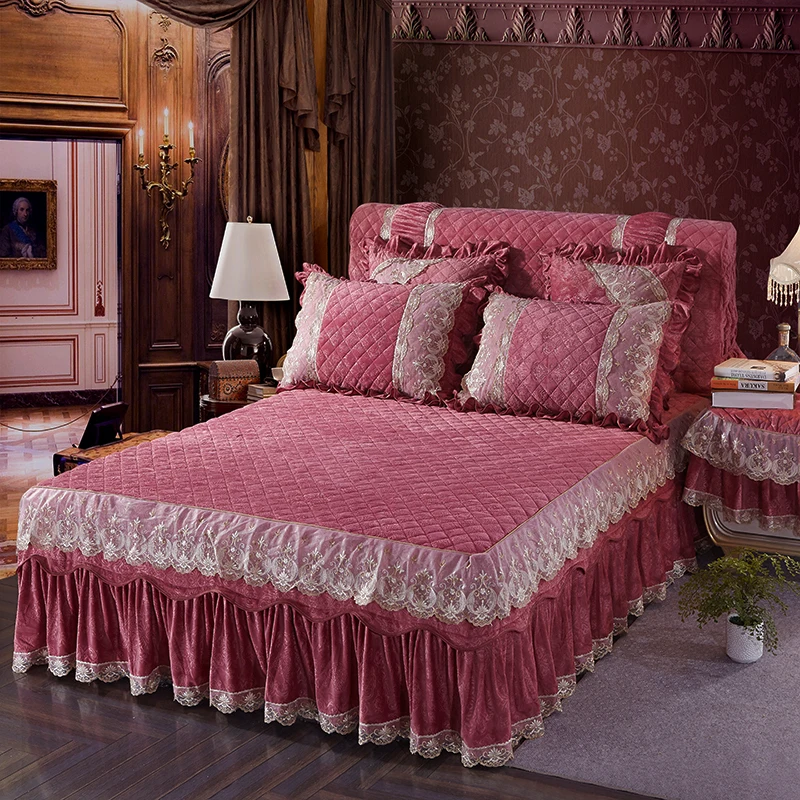 سميكة الصوف الدافئة انتشار السرير Bedskirt الملك/الملكة حجم طقم سرير الوردي الأزرق الأرجواني الدانتيل ملاءات السرير غطاء juego روبا دي كاما سميكة الصوف الدافئة انتشار السرير Bedskirt الملك/الملكة حجم طقم سرير الوردي الأزرق الأرجواني الدانتيل ملاءات السرير غطاء juego روبا دي كاما
