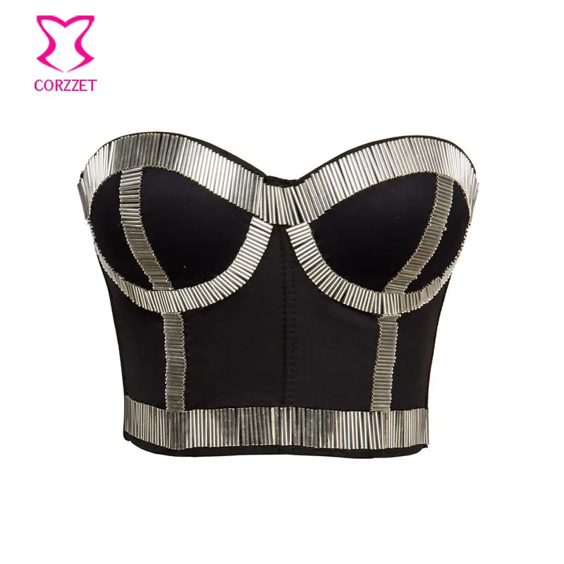 

Black Cotton With Silver Beads Push Up Bra Strapless Bralette Crop Top Bustier Sexy Bras For Women Dance Clubwear Brasier Mujer