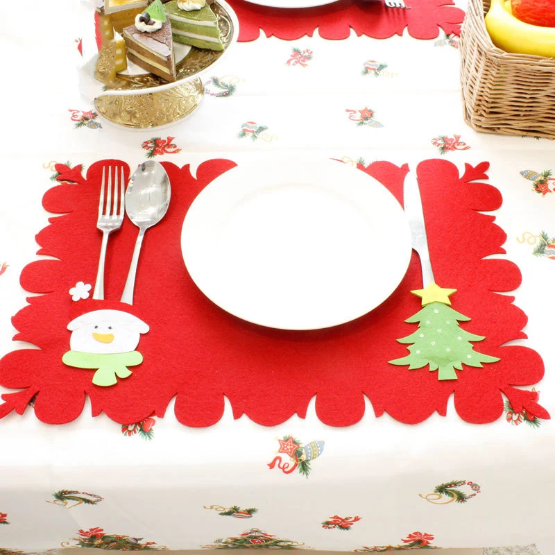 

Red Christmas Placemat Tablecloth Xmas Santa Claus Snowman Pattern Tablecloth Home Table Decorative Accessories