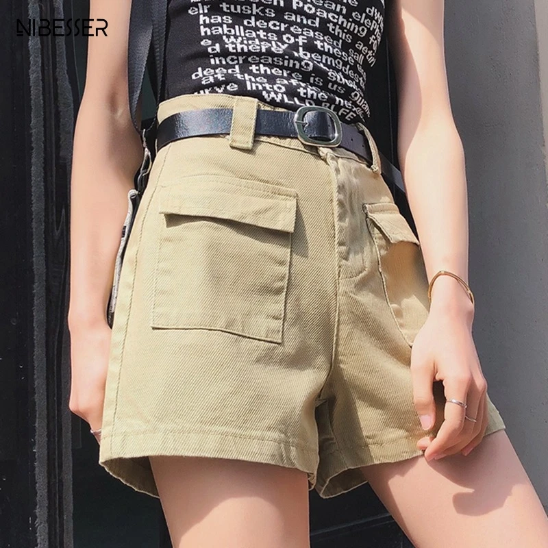 

NIBESSER Casual High Waist Solid Denim Jeans Shorts Loose Wide Leg Multi-pocket Cargo Shorts Feminino BF Style Shorts Streetwear