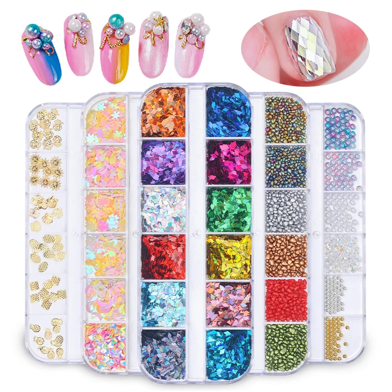 

Elessical 12 Grids/Sets Nail Glitter Sequin Mixed Rhinestone/Shell/Metal Chain/Nail Rivet DIY Flake Nail Art Decorations