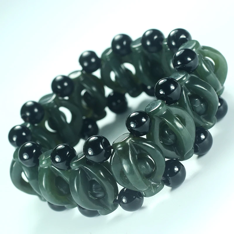 

Natural Dark Green Stone Bracelet Chinese Hand-Carved Hollow-out Hand String Bracelet Bangles Men's Stone Jewelry