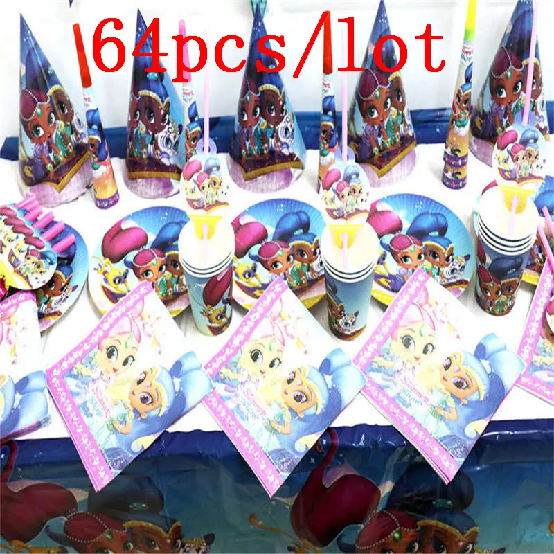 

Shimmer and Shine 64Pcs/Lot Paper Cup Plate Plastic Straw Family Party Celebration Kids Birthday Party Decoration Event Supply
