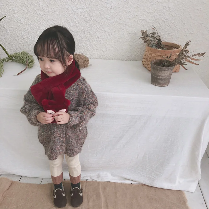 Зимний однотонный шарф с имитацией кролика, Детские аксессуары, хлопковый корейский маленький галстук-бабочка, теплый шарф