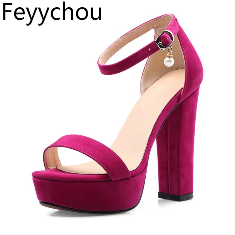 

Women Sandals Super High Heel Beach Shoes Summer Flock Peep Toe Buckle Platform 2018 New Sexy Casual Party Beige Black Rosy Red