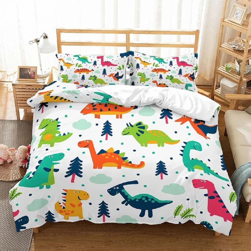 

3 Pieces Cartoon Red/Green/Blue/Orange Dinosaur White Duvet Cover Set with 2 Pillowcase 100% Microfiber Boys/Girls Bedding Set