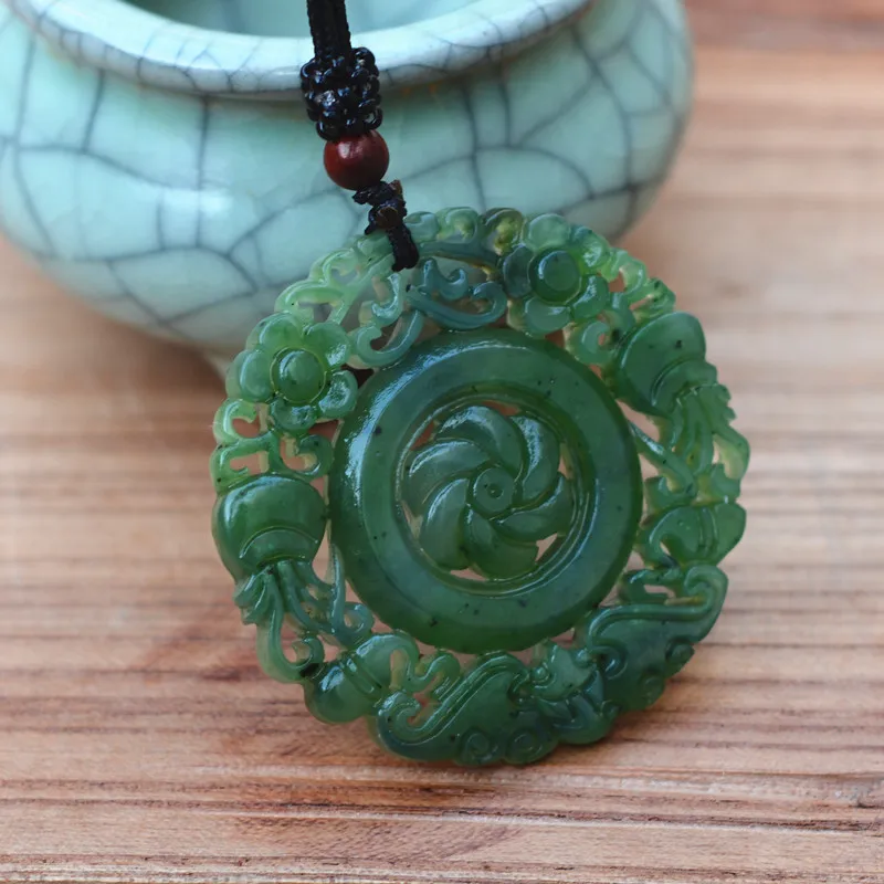 Сертификат Прямая натуральный зеленый Хотан нефрит кулон ожерелье полый резной цветок женские нефритовые ювелирные изделия