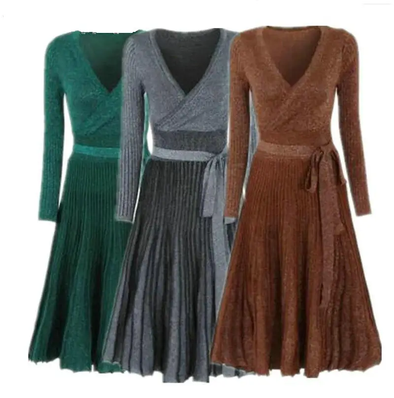 

2018 Women Autumn Winter Long Sleeves Lurex Sweater Dress Elegant Pleated A-Line Knitting Dress Retro Vintage Long Dresses
