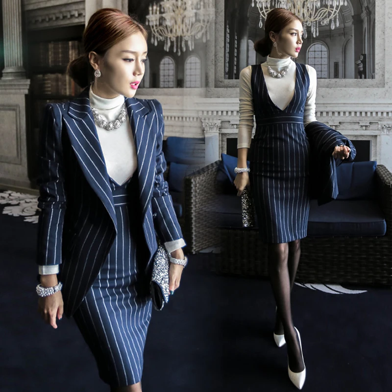 

Women Striped Office Lady Dress Suits 2 Two Piece Sets Elegant Notched Jacket Blazer + Fashion Sheath Dresses Femme