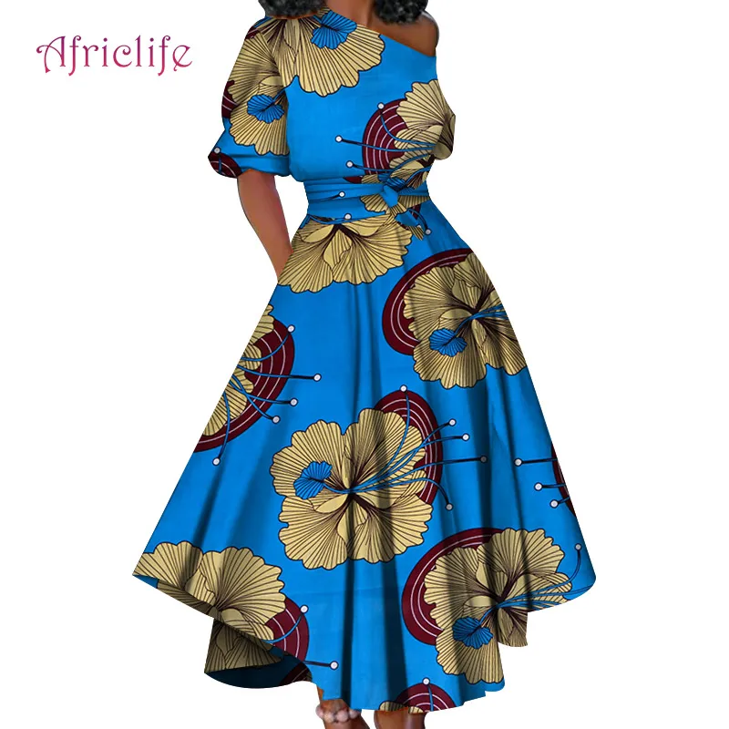New Designed African Print Cotton Dresses Women Summer Short Sleeve Women's Clothing Dress With Belt WY4426