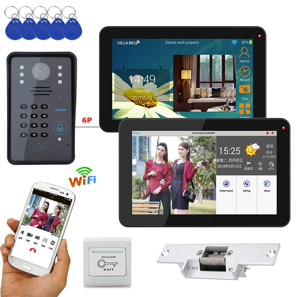 9 inch 2 Monitors Wired / Wireless Wifi RFID Password Video Door Phone Doorbell Intercom System with Electric Strike Lock | Безопасность