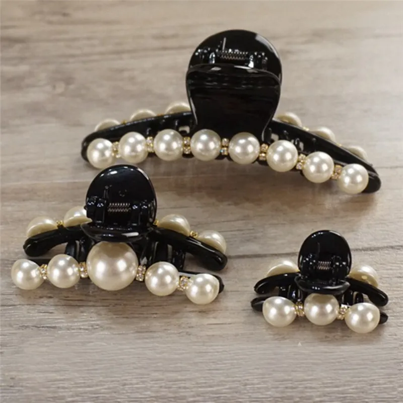 1 Pc S/L Size Black Pearl Hair Claw Imitation Pearl Hairpins Hair Clip