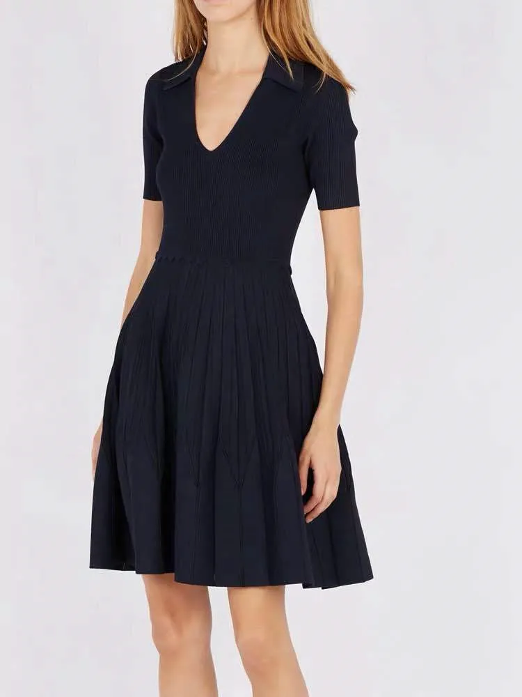 

Autumn Winter 2019 knitting Short dress for Women V-neck POLO collar short-sleeved knited A-line dresses casual