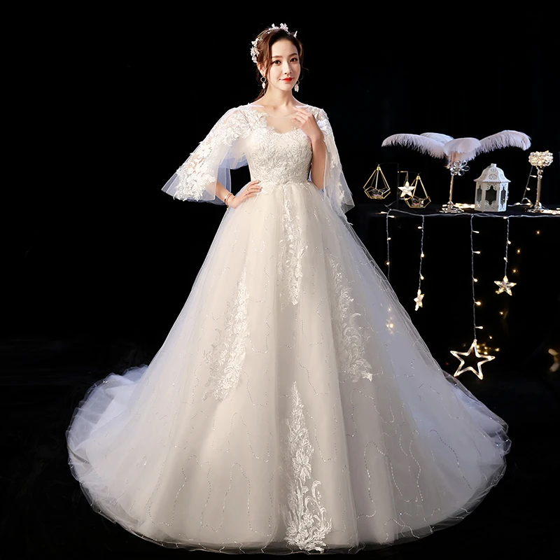 US $42.57 Wedding Dress 2021 Mrs Win The Elelgnat Court Train Batwing Sleeve Wedding Dresses Plus Size Lace Wedding Gowns F