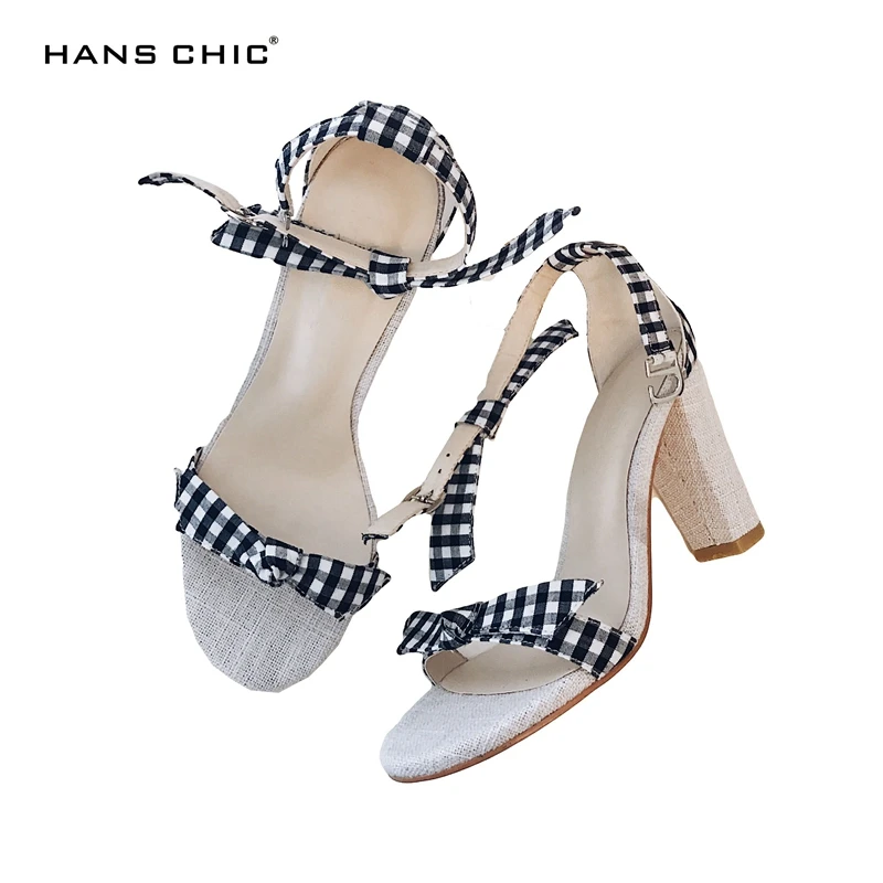 

HANSCHIC 2017 Summer New Arrival Unique Retro Canvas White Black Gingham Design High Heel Woman Sandals for Women Girls 1184