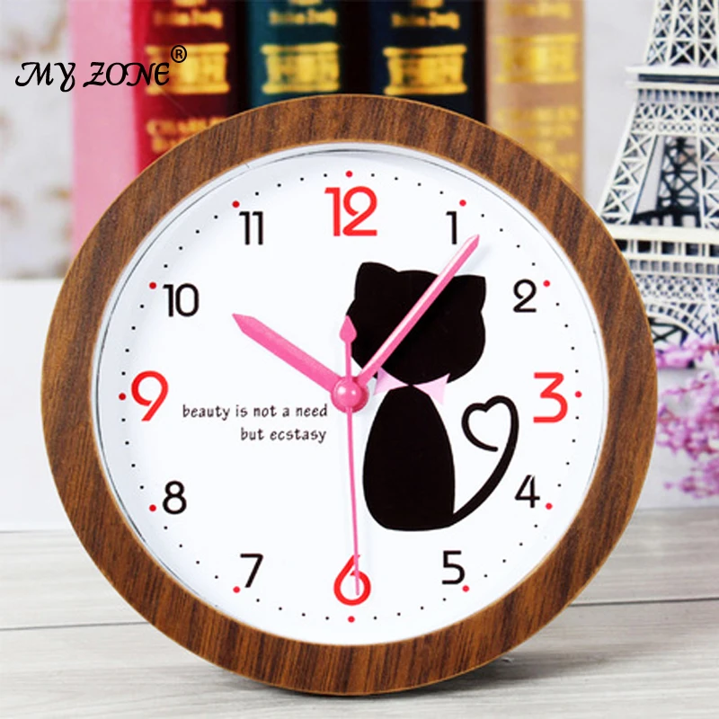 Creative cute cartoon kitty cat Imitation wood alarm clock home