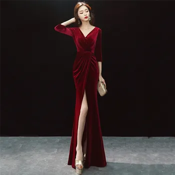 

Wine Red Velvet Sexy Deep V-Neck Half Sleeve Slit Long Vintage Dress Fashion Waist Draped Woman Mermaid Elegant Night Club Dress