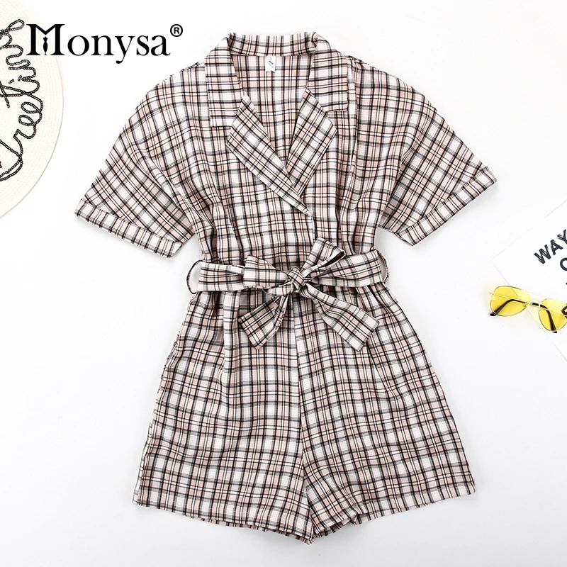 

Plaid Jumpsuits For Women 2019 New Arrival Short Sleeve Notched Collar Vintage Elegant Playsuits Ladies Summer Short Romper