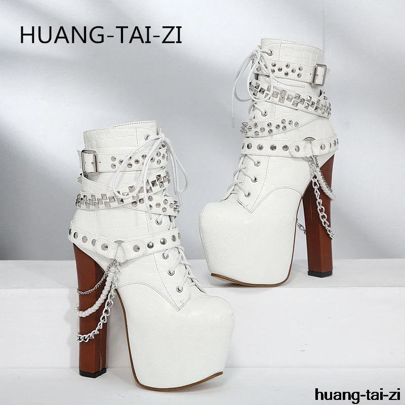 Sexy Rock Nouveau Chaînes Biker Cheville Punk Rivet Métal Haute En Noir Talons Bottes Femmes Moto forme Chaussures Plate Super Gothique Zip dTnZqrxHwT