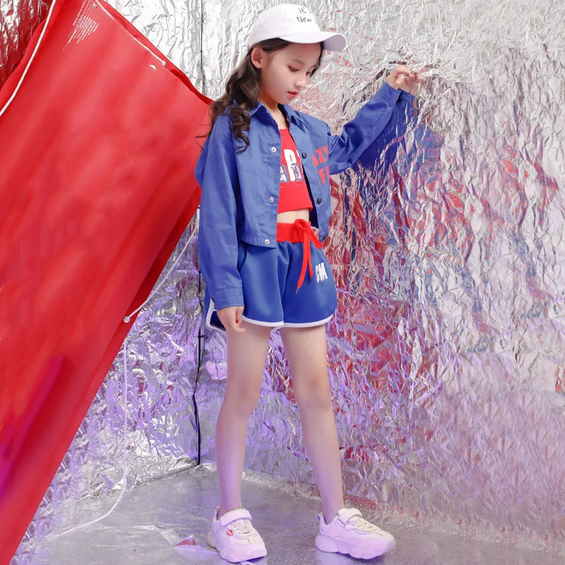 Children Hip Hop Clothing Crop Blue Jacket Top Vest Running Casual shorts for Girl Kid Jazz Dance Costume Wear Ballroom Dancing  (12)