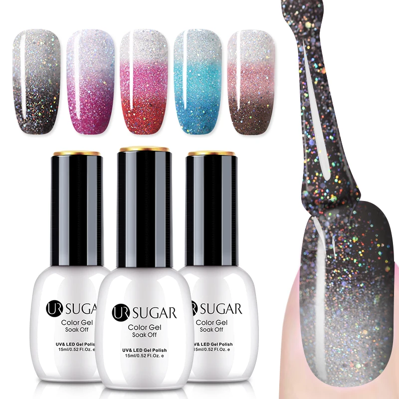 

UR SUGAR 15ml Shining Nail Gel Polish Temperature Color Changing Holographic 3 Layers Nail Art Soak Off UV Gel Varnish