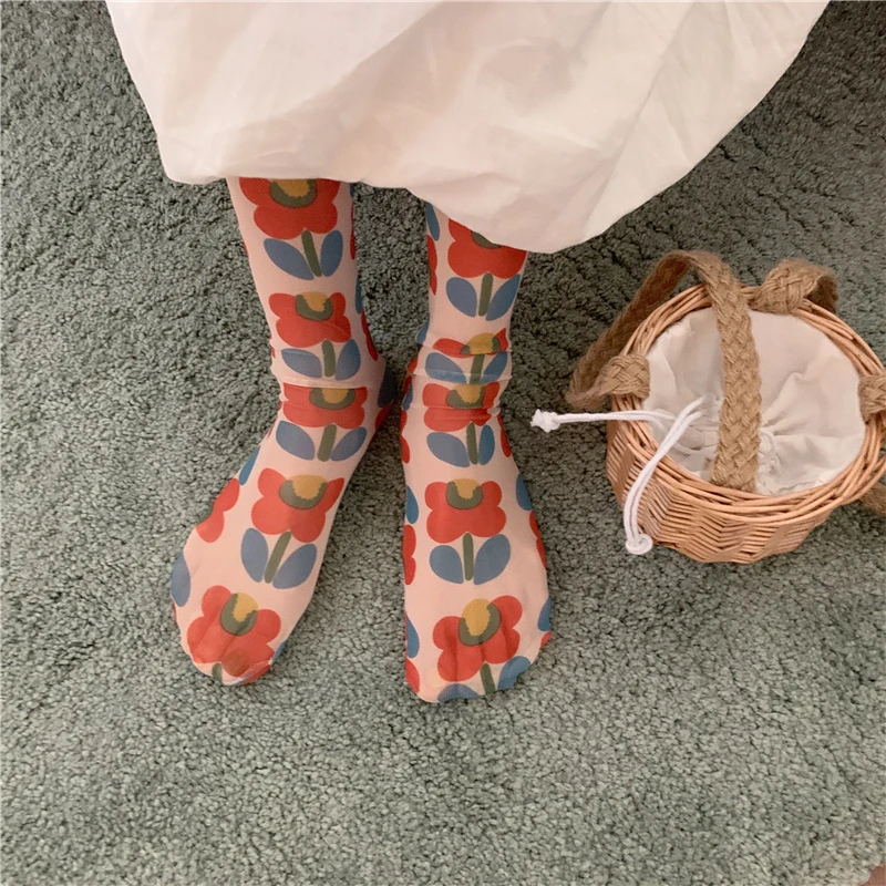 Разноцветный тюль, прозрачные летние тонкие сетчатые носки с цветком для женщин, длинные забавные носки, свободные женские Чулочно-носочные изделия для улицы
