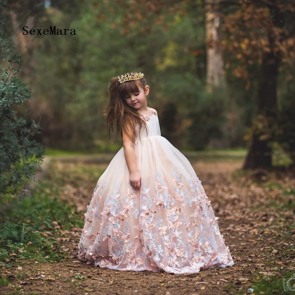 

Real Photos Lace 3D Floral Flower Girl Dresses for Wedding Floor Length Butterfly Applique Kids Prom Pageant Gowns