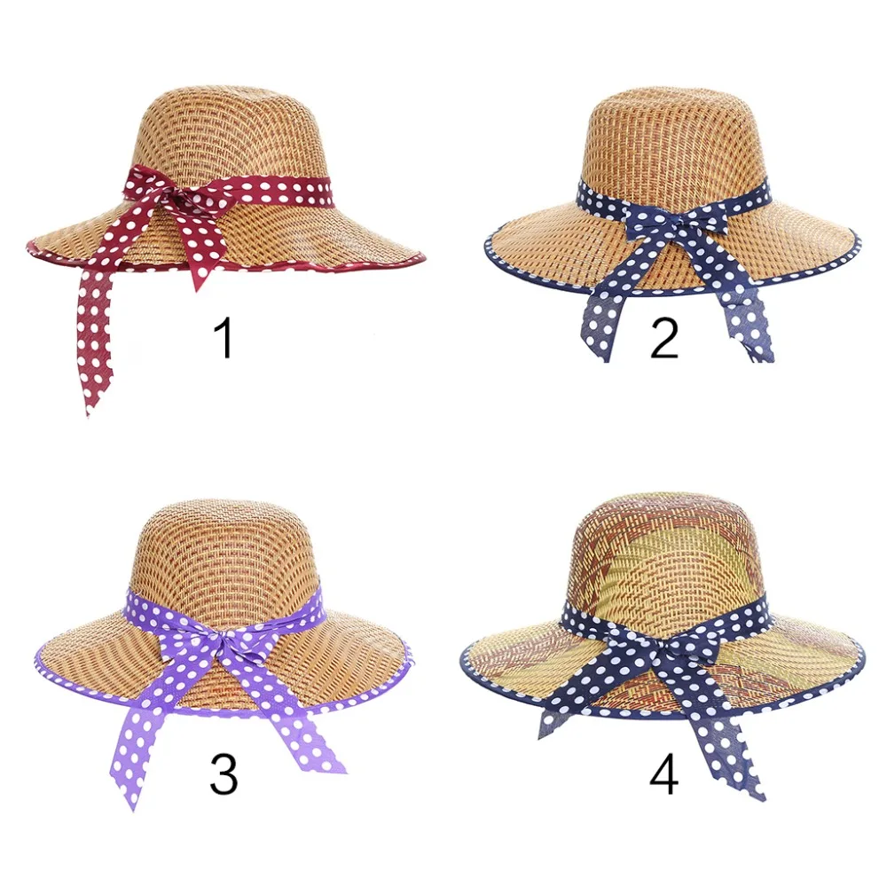 

Women Vintage Country Style Straw Sun Hat Contrast Color Polka Dot Printed Trim Ribbon Bowknot Bucket Cap Wide Wavy Brim Summer