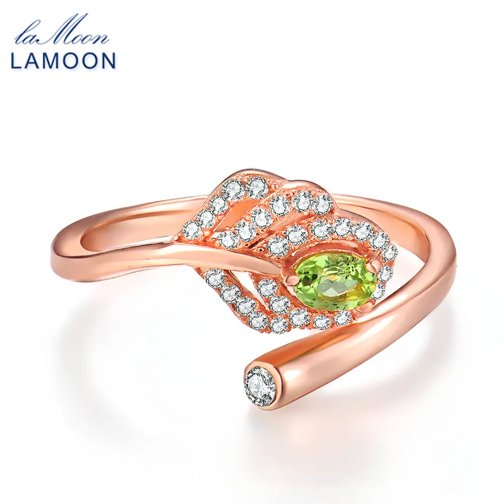 LAMOON 925 Sterling Silver Ring Classic Design Leaf 100% Natural Green Peridot Fine Jewelry Party Gift Rings For Women RI055
