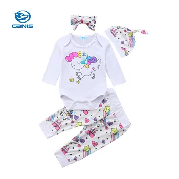 

2019 Fashion New Newborn Baby Boys Girls Cartoon Unicorn Long Sleeve Romper Pants Leggings Hat 4Pcs Baby Pajamas Outfits Clothes