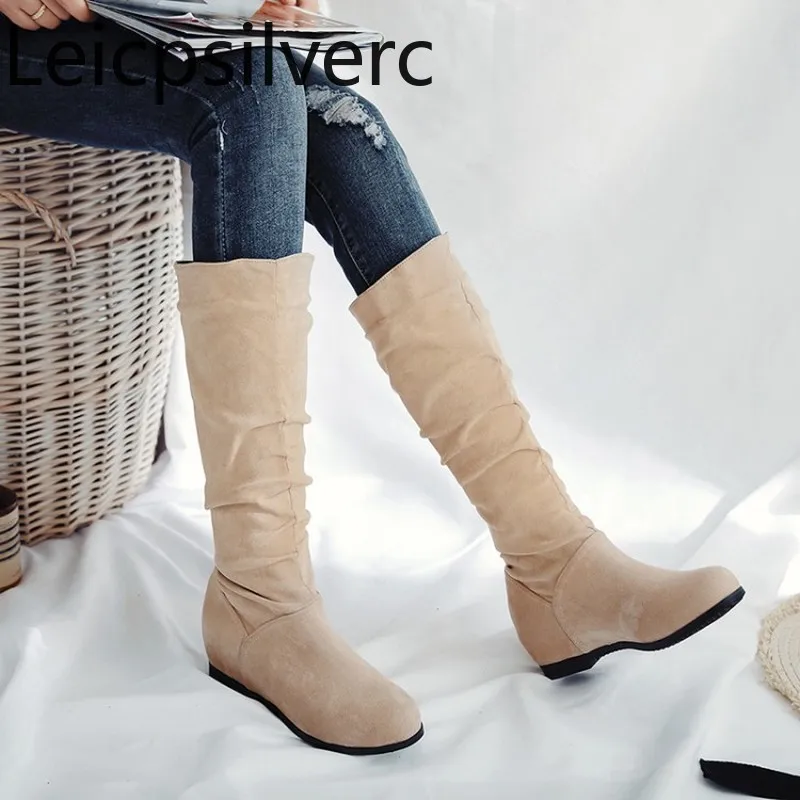 

Women's Boots winter The New Flock Solid Slip-On Round head High tube Height Increasing Women's shoe plus size 30-52