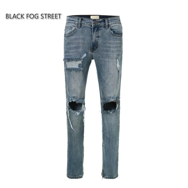 

BLACK FOG STREET moto biker men's Hole classics Best version zippers skinny slim fit mens holes style cotton Denim ripped jeans